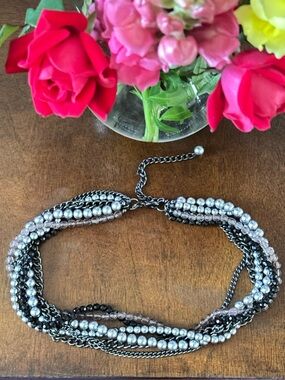 Multi-Strand Multi-Length Silver, Clear & Gunmetal Beaded Statement Necklace